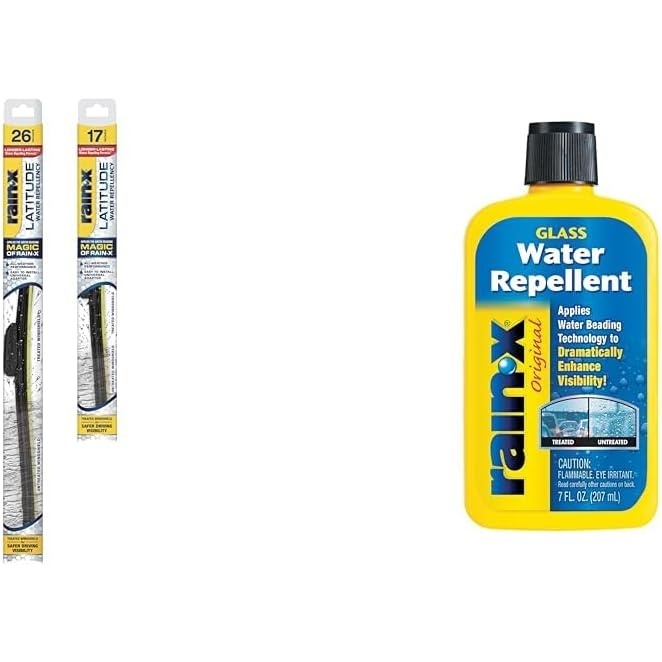 Rain-X Windshield Weather Protection Bundle – 26″ & 17″ Latitude 2-in-1 Water Repellent Wiper Blades (2-Pack) with 7 oz. Glass Treatment