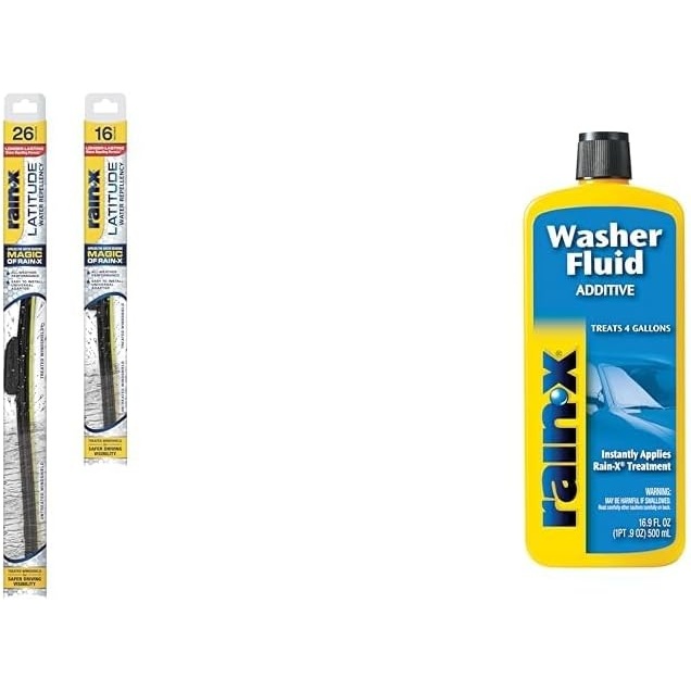 Rain-X Windshield Care Bundle: Latitude 2-in-1 Water Repellent Wiper Blades (26″ & 16″) + 16.9 fl. oz Washer Fluid Additive