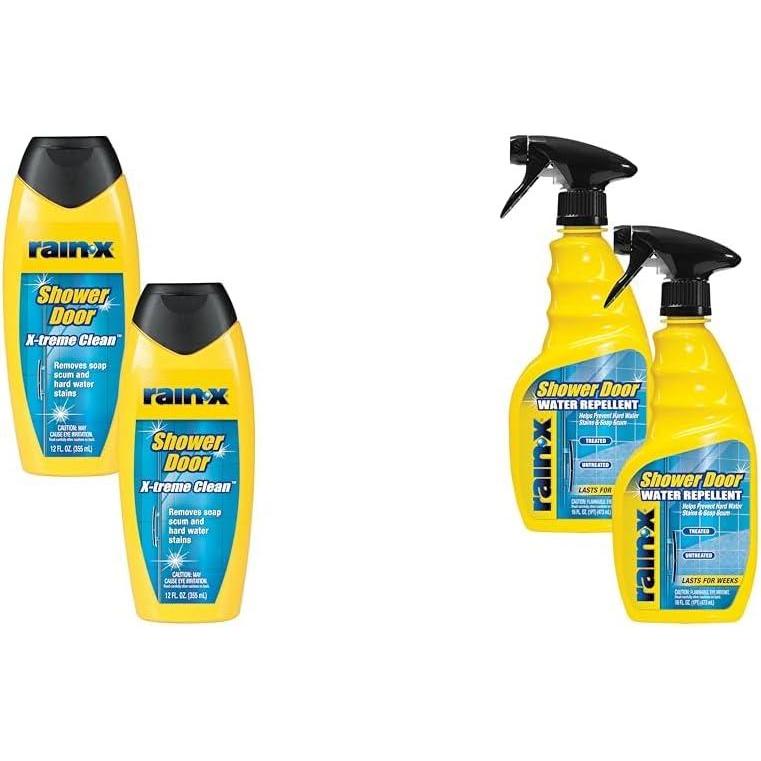 Rain-X Shower Door Care Bundle: 12 Fl. Oz X-Treme Clean Glass Cleaner & 16 Fl. Oz Water Repellent for Soap Scum & Hard Water Protection (Pack of 2 Each)