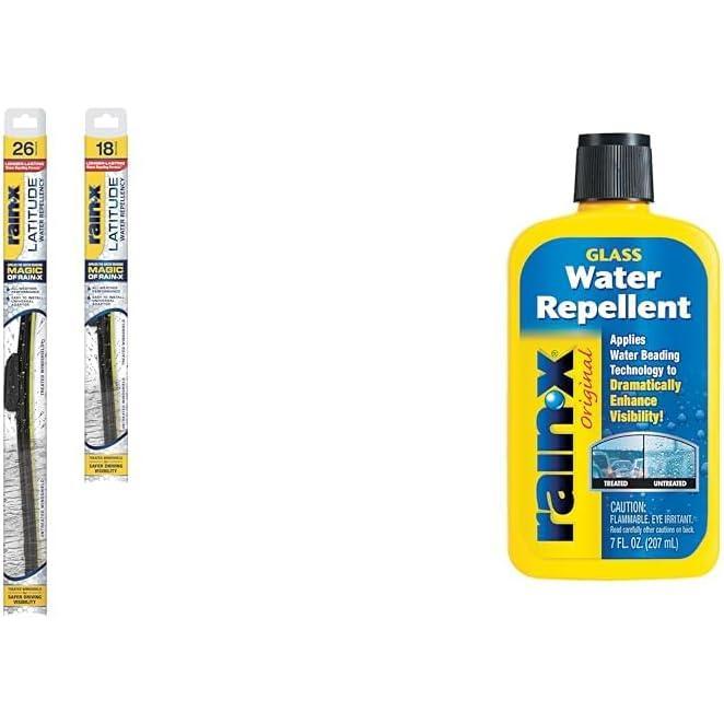 Rain-X Windshield Weather Protection Bundle – 26″ & 18″ Latitude 2-in-1 Water Repellent Wiper Blades (2-Pack) with 7 oz. Glass Treatment