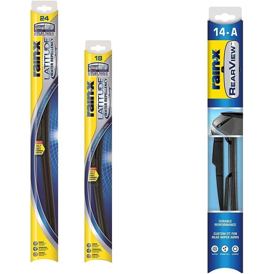 Rain-X 810164 Latitude 2-in-1 Water Repellent Wiper Blades, 24″ and 18″ Windshield Wipers and Rain-X 850026 Rearview 14-A Rear Wiper Blade, 14″ (Pack of 3) – Replacement Windshield Wiper Blades(Pack of 3)