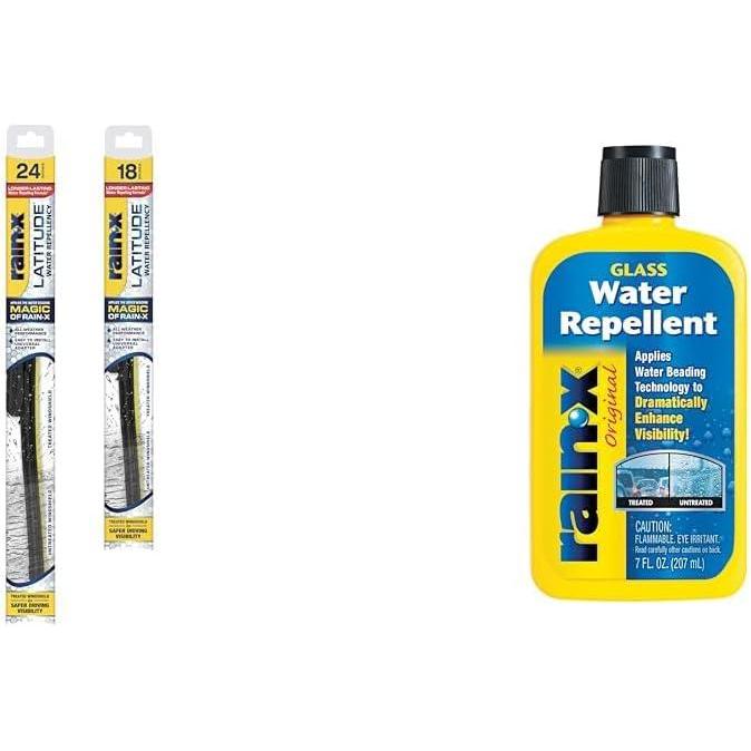 Rain-X Windshield Care Bundle: Latitude 2-in-1 Water Repellent Wiper Blades (24″ & 18″) and 7 oz. Glass Treatment