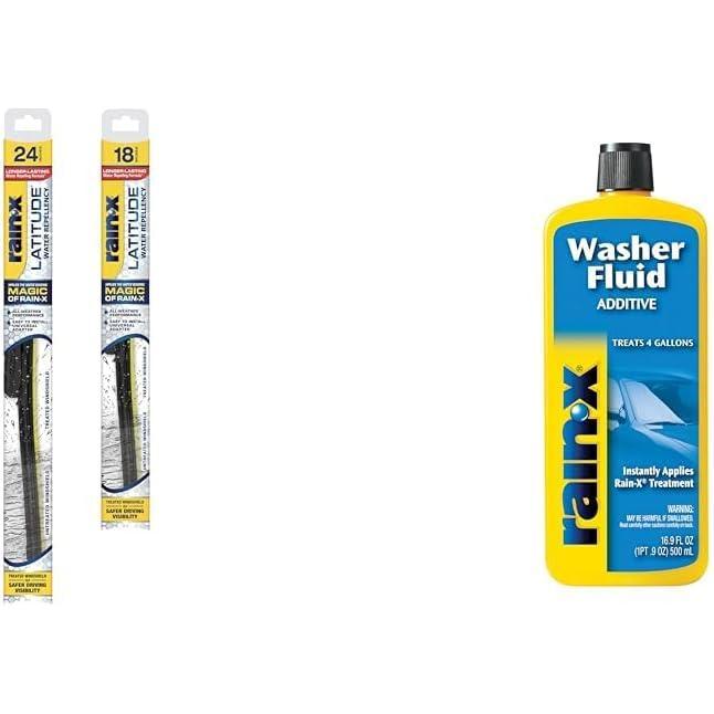 Rain-X Windshield Care Bundle – Latitude 2-in-1 Water Repellent Wiper Blades (24″ & 18″) + 16.9 fl. oz Washer Fluid Additive