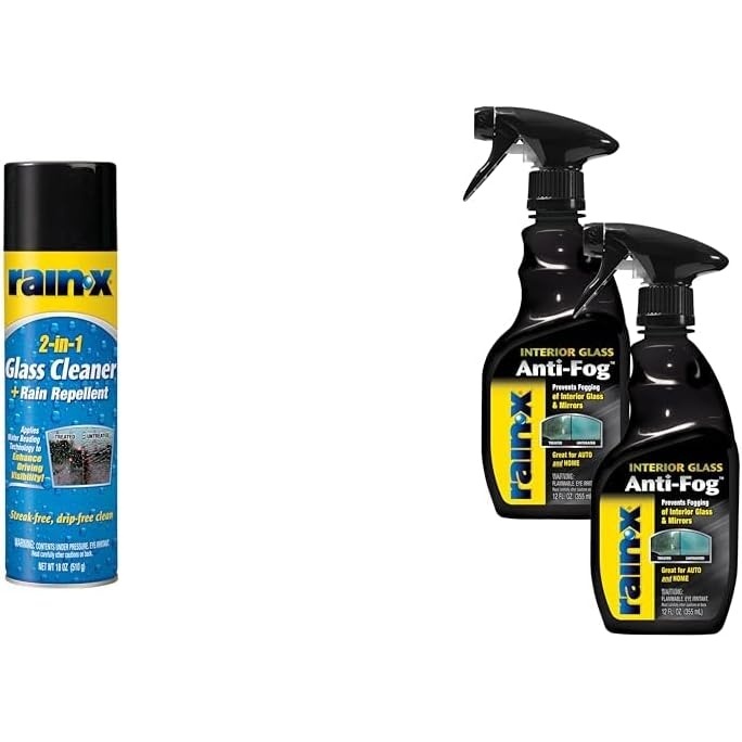 Rain-X Glass Care Bundle: 18 oz 2-in-1 Glass Cleaner Plus Rain Repellent with 2-Pack 12 oz Interior Anti-Fog Spray for Auto & Marine Glass