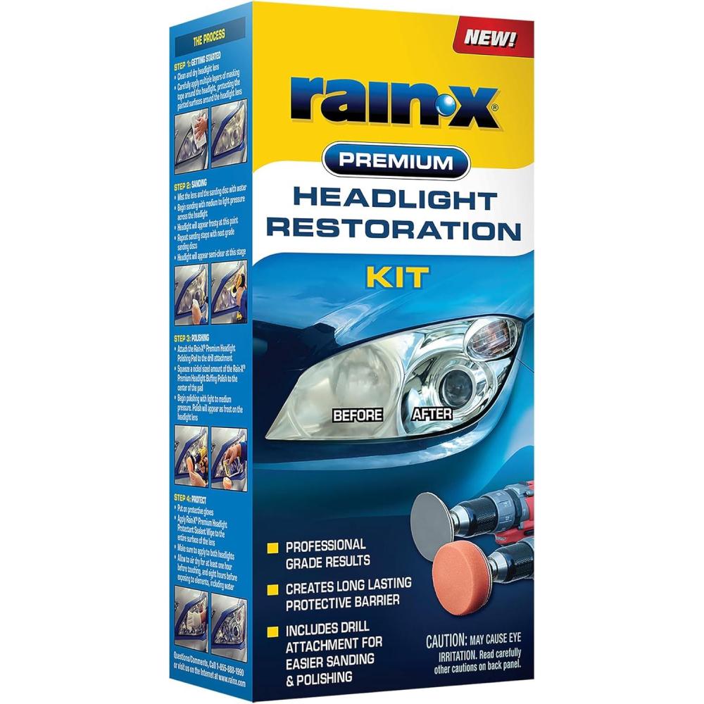 Rain-X 610200 2-Step Headlight Restorer Kit, Restores Clarity of Headlights Preventing Oxidation & Discoloration, Quick & Effective in Just 15 Mins with No Tools or Tape Required(Headlight Restoration Kit – Drill Required)