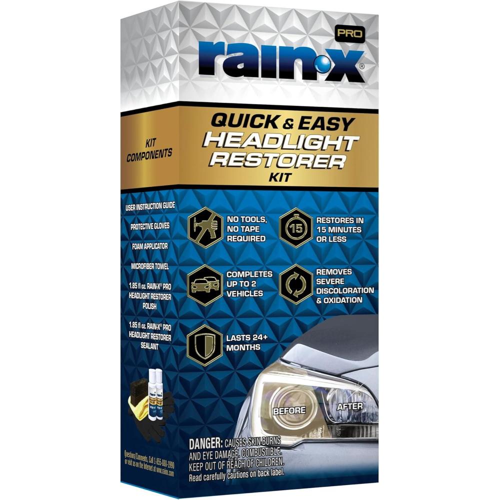 Rain-X 610200 2-Step Headlight Restorer Kit, Restores Clarity of Headlights Preventing Oxidation & Discoloration, Quick & Effective in Just 15 Mins with No Tools or Tape Required(Quick’N’Easy Headlight Restoration Kit – No Tools Required)